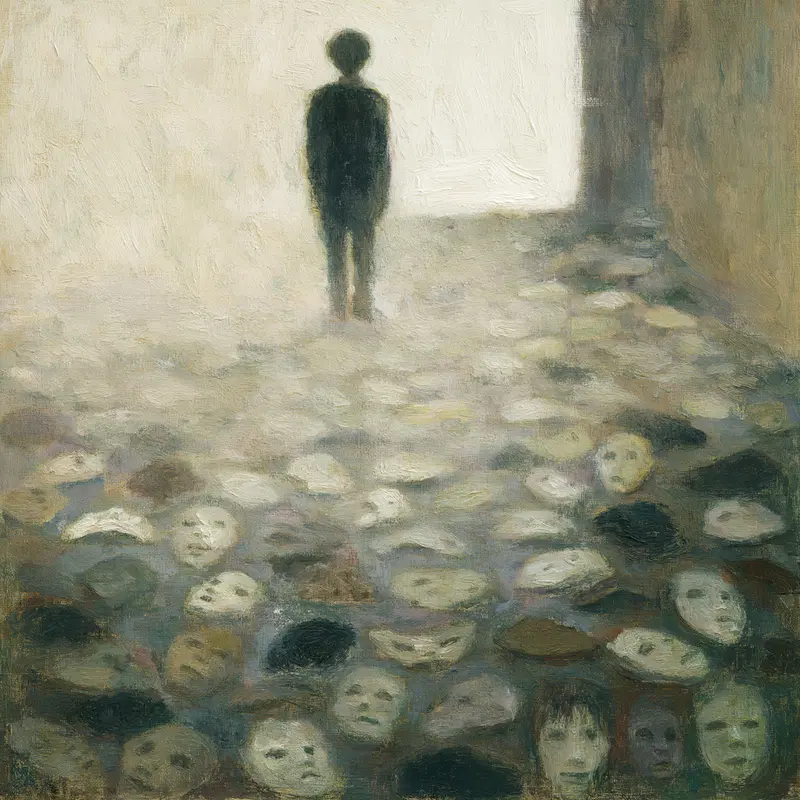 Surreal Oil Painting of a Lone Figure in a Room of Masks