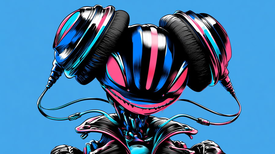 A close-up of a colorful robot with oversized headphones, set against a vibrant blue background
