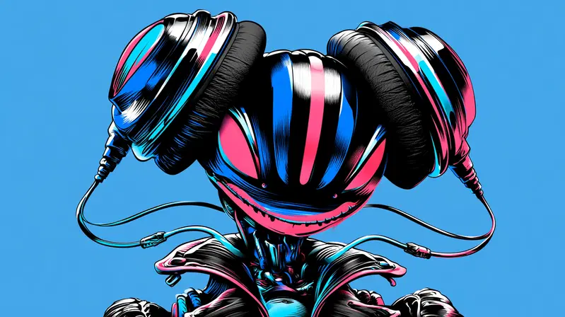 A Surreal DJ Robot with Colorful Headphones in a Futuristic Style