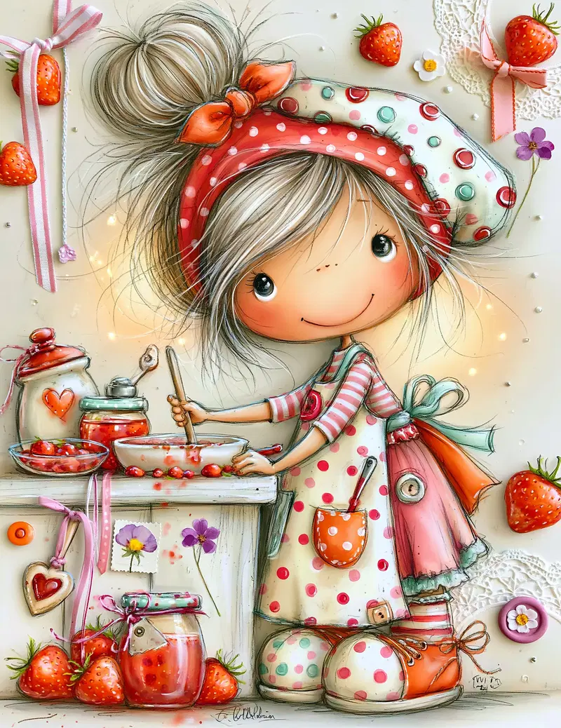 Whimsical Watercolor Illustration of a Girl Making Strawberry Jam