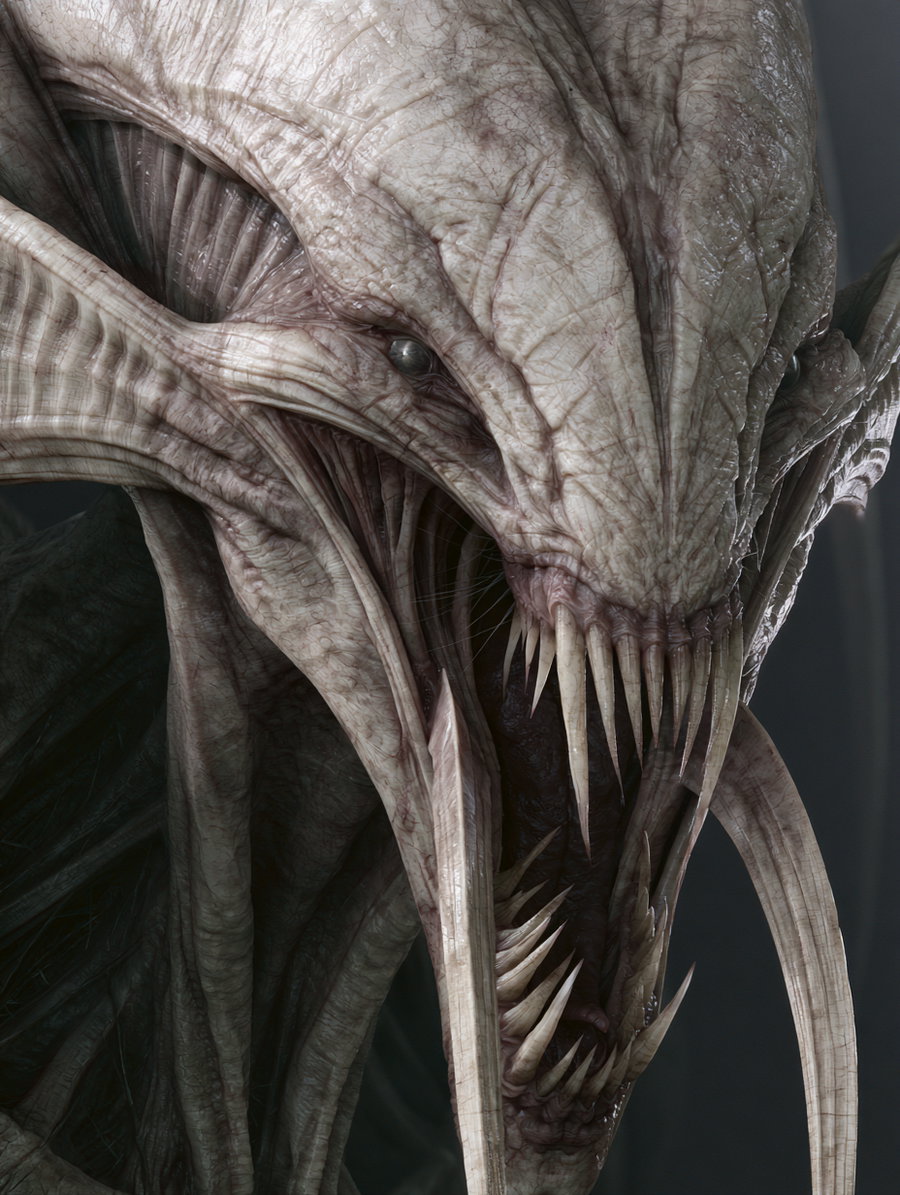 Close-up of a monstrous creature with bulging sinews, sharp claws, and horrifying teeth