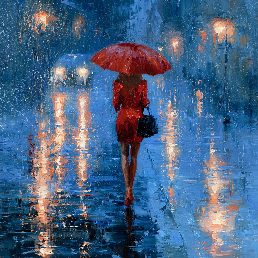 A woman in a red outfit walks away under a red umbrella on a rainy street, reflecting warm lights from lampposts and a vehicle in the wet surface.