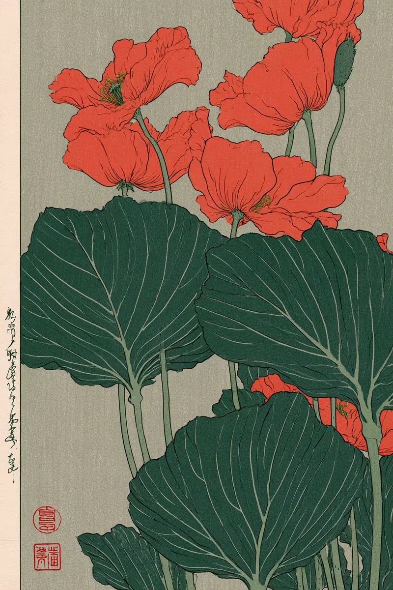 Elegant Traditional Japanese Woodblock Print of Red Poppies