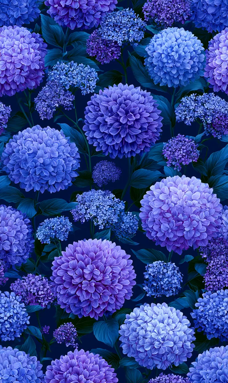 Vibrant Seamless Pattern of Hydrangea Flowers in Blue and Purple