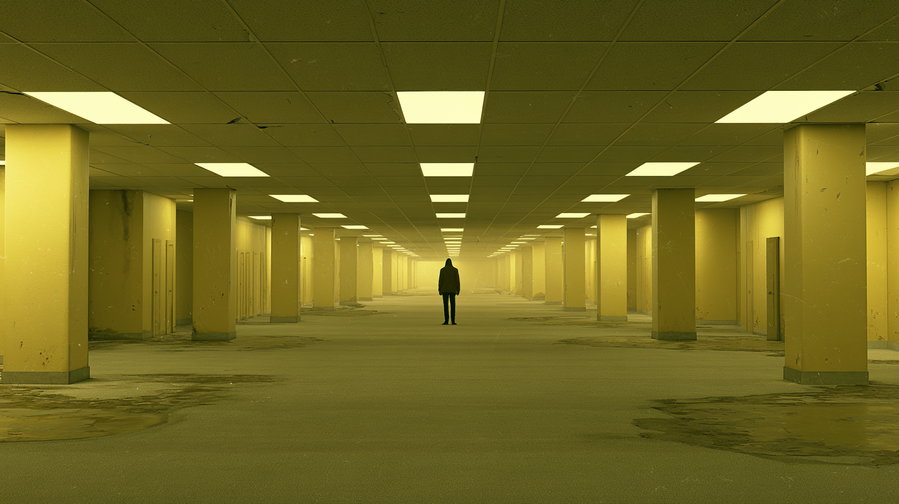 A solitary figure stands in a vast, eerie environment of endless yellow corridors with old fluorescent ceiling lights and stained carpet.