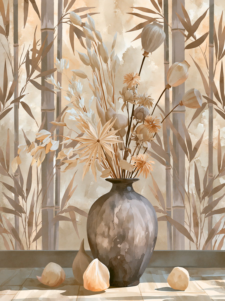 A close-up of a watercolor vase filled with dried flowers, set on a wooden floor. The background features a bamboo forest with soft beige, white, yellow, and taupe pastel colors.