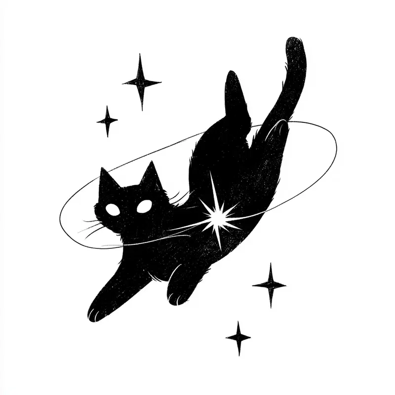 Whimsical Black Cat in Cosmic Space Illustration