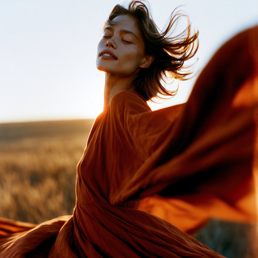 A woman in a rust-orange dress spins in an open golden field during dusk, with her hair and dress trailing in motion blur. Her face is angled upwards, eyes half-closed, capturing a moment of bliss. The warm backlight from the setting sun creates a halo effect around her silhouette, highlighting the amber glow of the long grass.