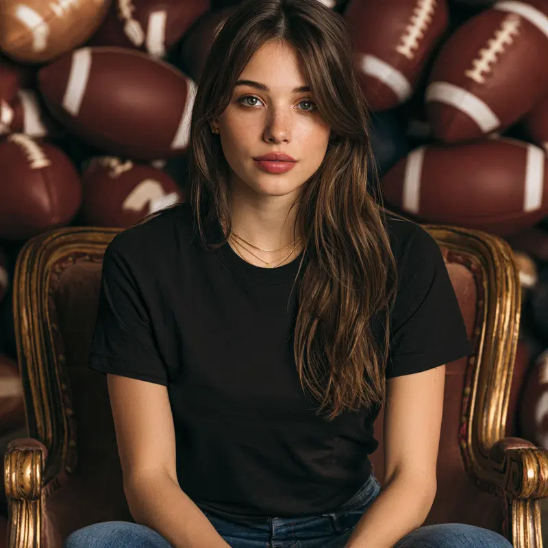 Woman in Black T-Shirt Against Football Theme Background