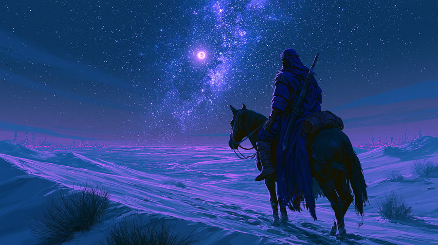 A silhouette of a young fighter on horseback against a moonlit desert landscape, with a clear sky filled with thousands of stars.