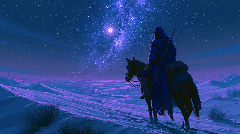 A Bedouin Fighter on Horseback Under a Starry Desert Sky