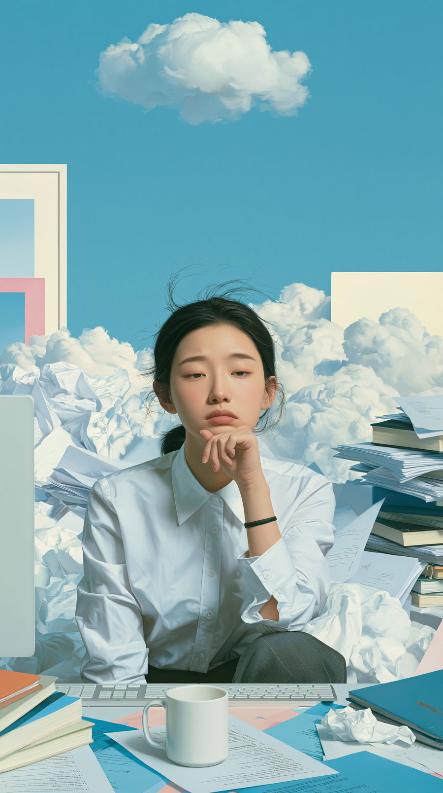 A young Chinese lady with a pensive expression sits at a cluttered desk with piles of documents and a computer, surrounded by scattered papers and clouds in the background.