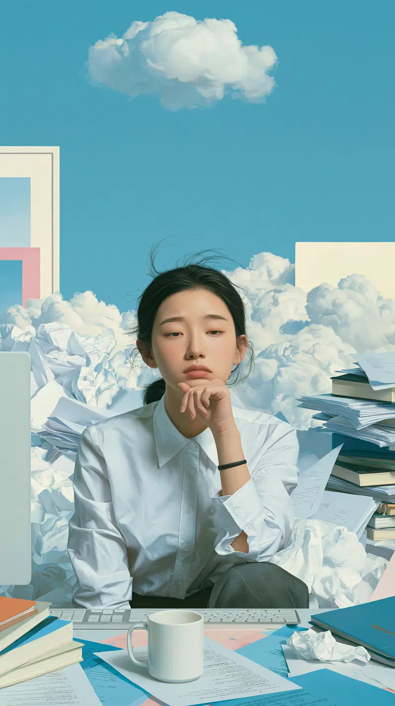 Contemplative Moment Amidst a Cluttered Workspace