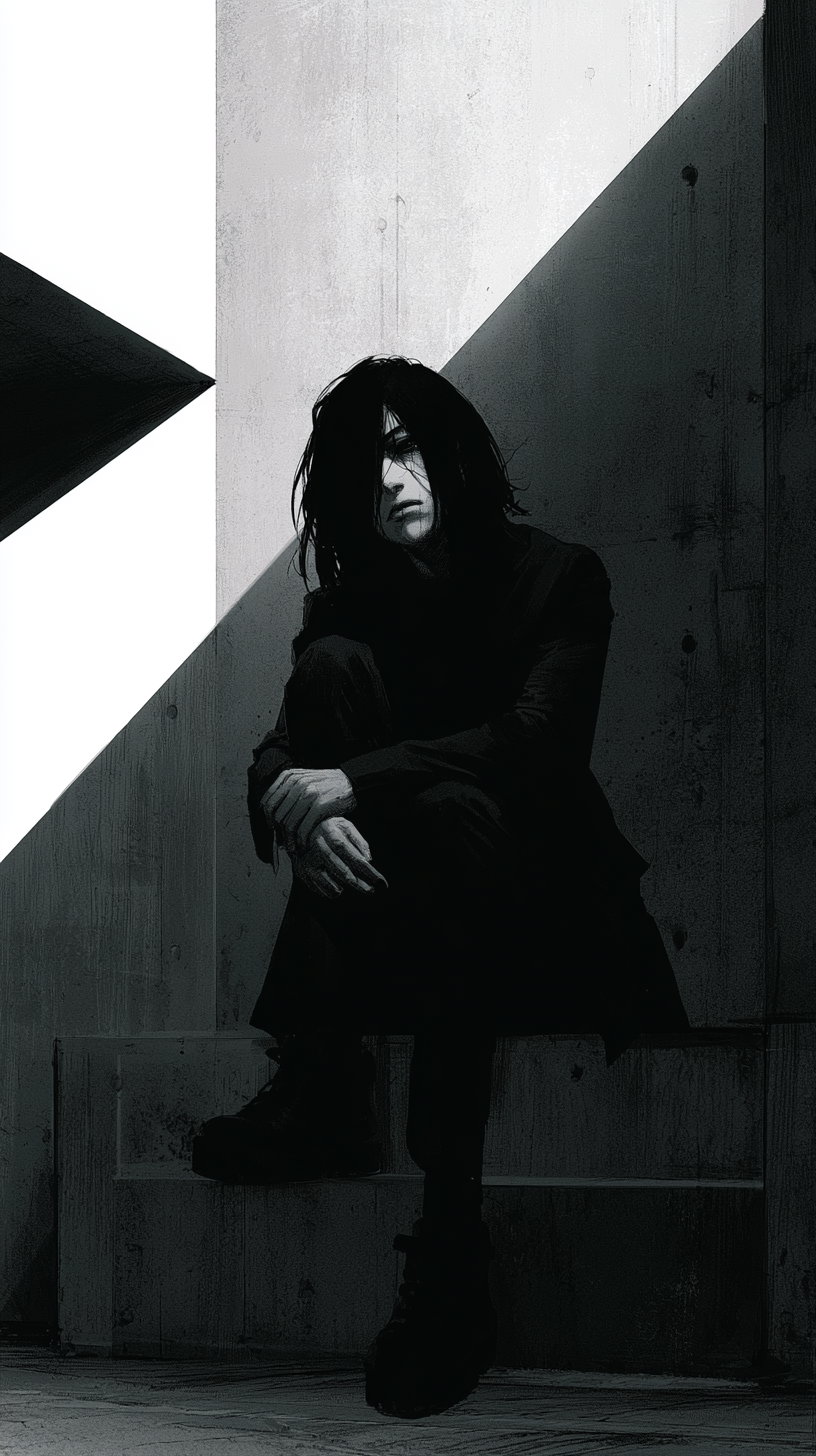 A young man with long black hair sits on a concrete bench, dressed in all black, in a stark, angular interior with harsh lighting.