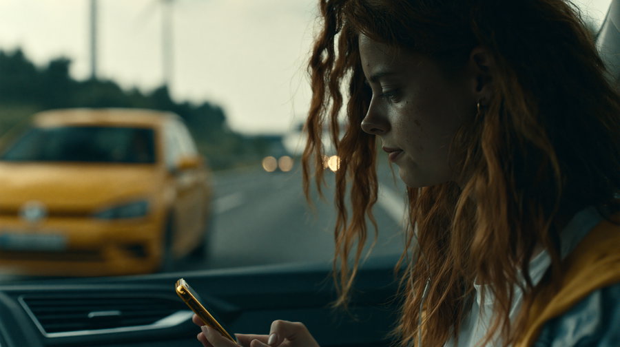 A young woman with curly red hair sitting in a car, looking at her smartphone while driving. A yellow car approaches dangerously close, creating a sense of impending collision on a highway.