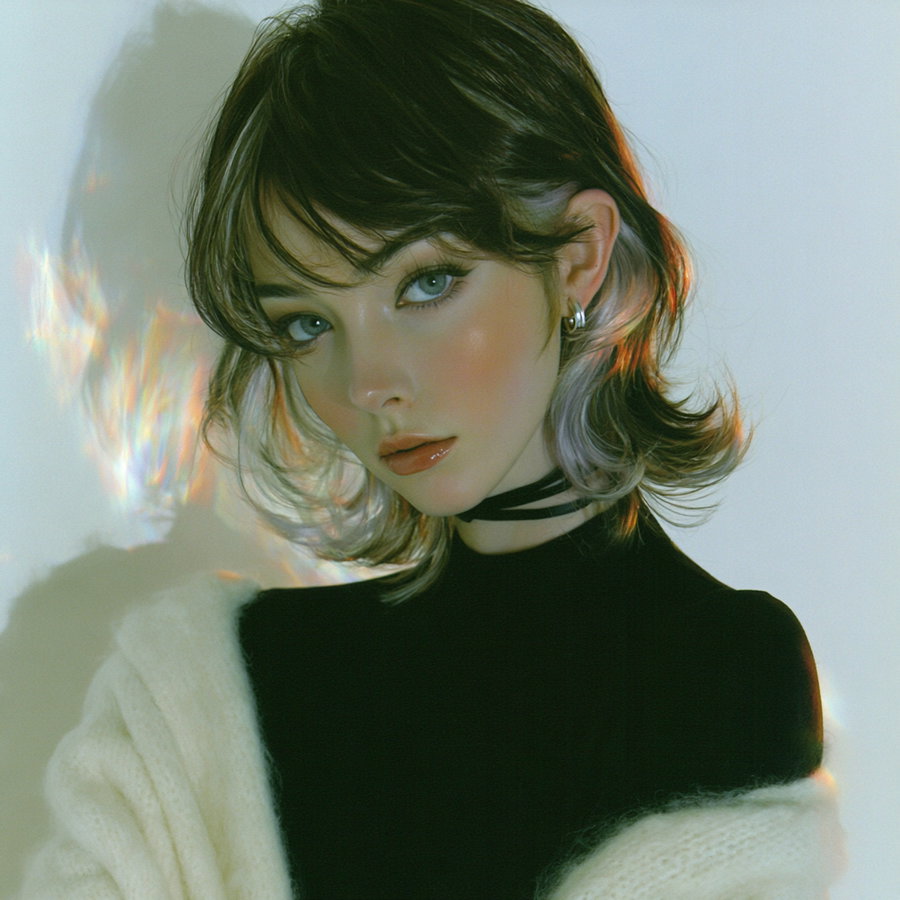 A young woman with a calm expression, short layered ash-brown bob haircut with lavender inner highlights, gray-blue almond eyes, dark turtleneck, and oversized cream cardigan against a soft light background.