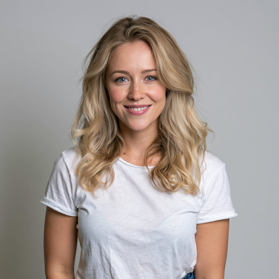 A smiling woman with shoulder-length ash blonde hair and light blue eyes, wearing a white round-neck t-shirt and blue jeans, standing in a photographer's studio.