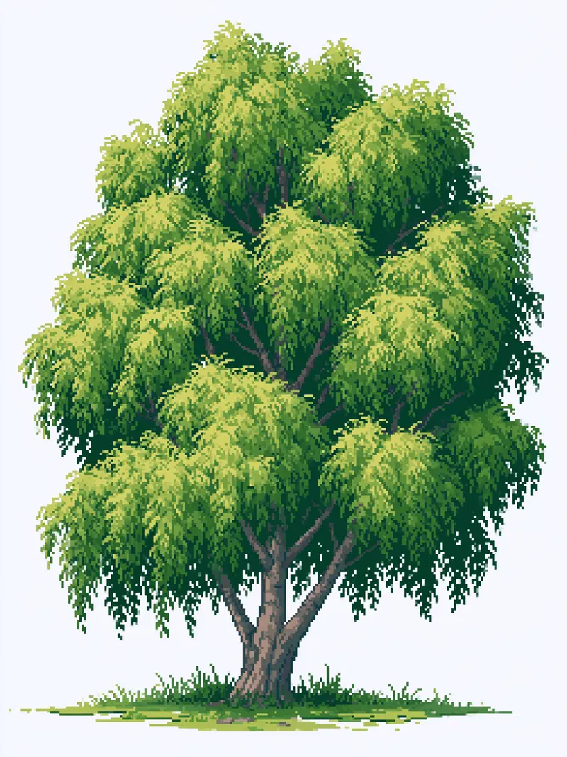 Vibrant Green Birch Tree in Pixel Art Style
