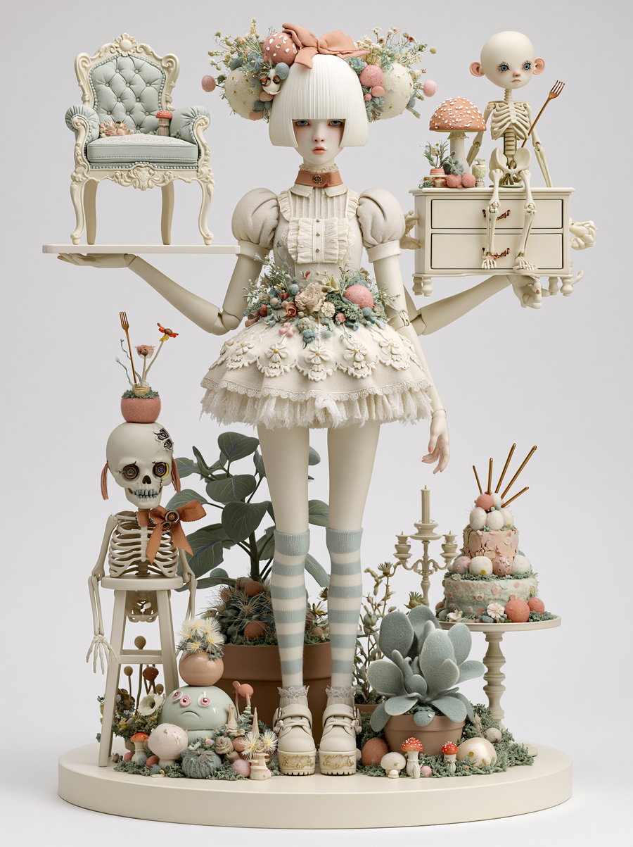 A minimalist scene featuring a doll with delicate hair, wearing a fancy dress, holding a cabinet and displaying various plants, desserts, and a whimsical chair.