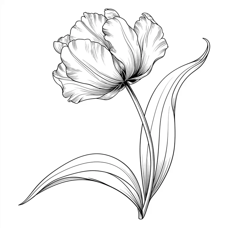Elegant Black Line Art Tulip with Long Curved Leaves