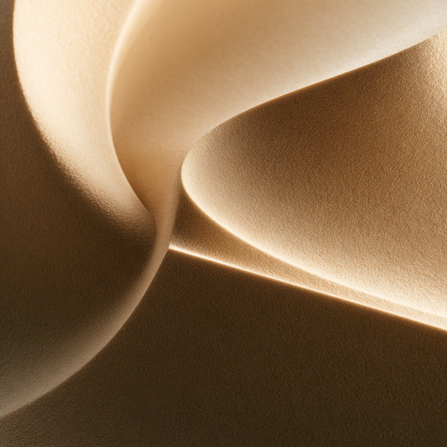 Aerial view of a textured surface resembling sand, featuring soft shadows and a monochromatic warm sand palette, highlighting minimalistic curves.