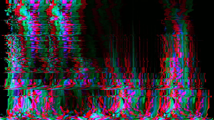 Abstract noise clusters in red, green, and blue dominate a pure black background, featuring glitch shapes and glowing chromatic artifacts.