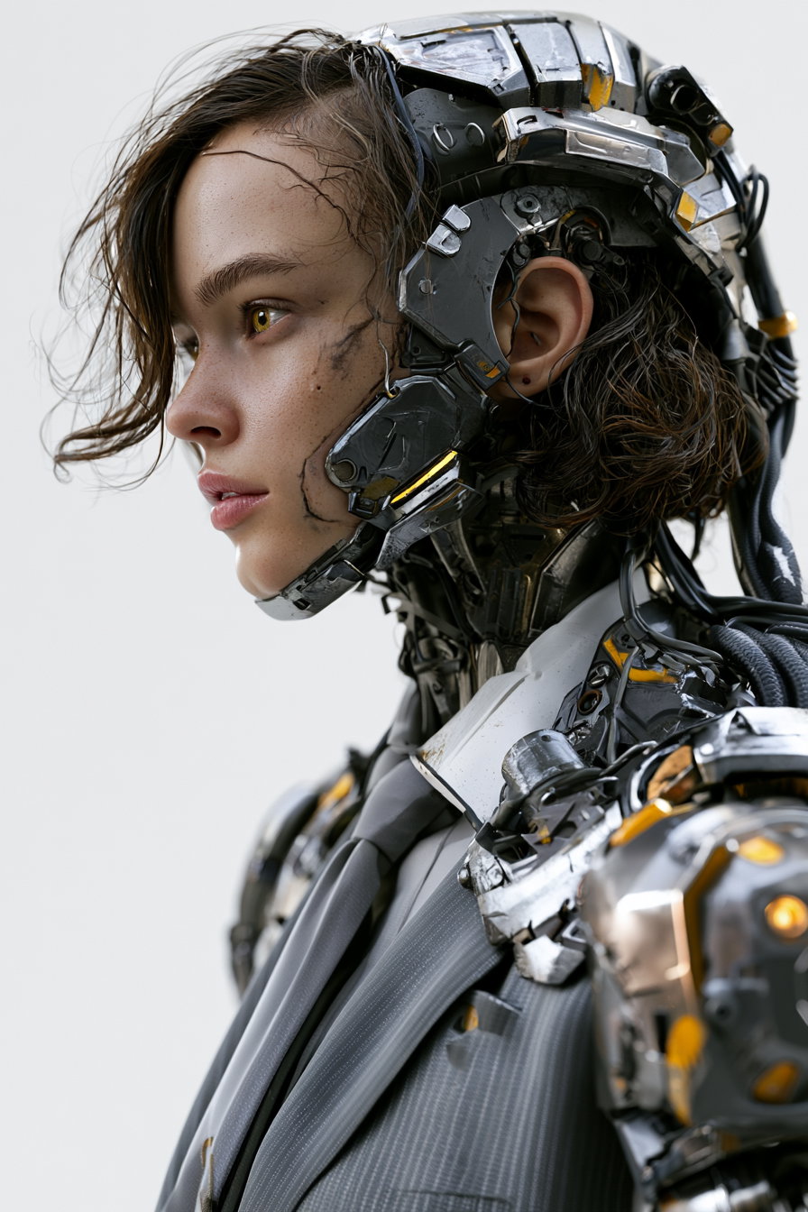 A close-up profile of a humanoid AI agent with a metallic exterior and visible circuitry, wearing a suit.