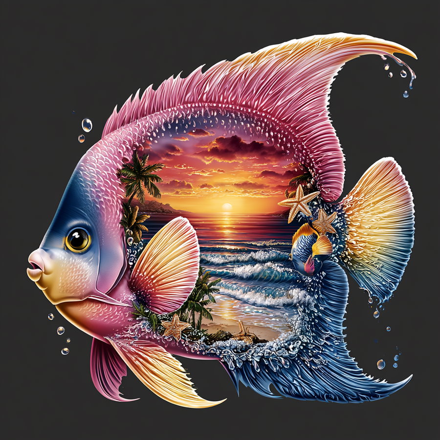 A vibrant angelfish featuring a sunset and ocean coast blended within, with colorful scales and water details.