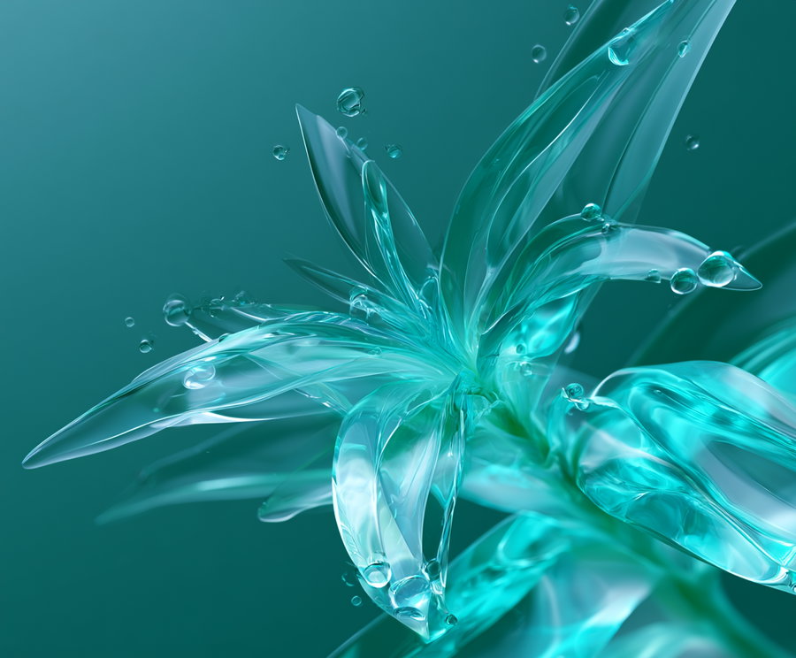 Close-up of translucent aloe leaves with droplets of water in a blue-turquoise hue.