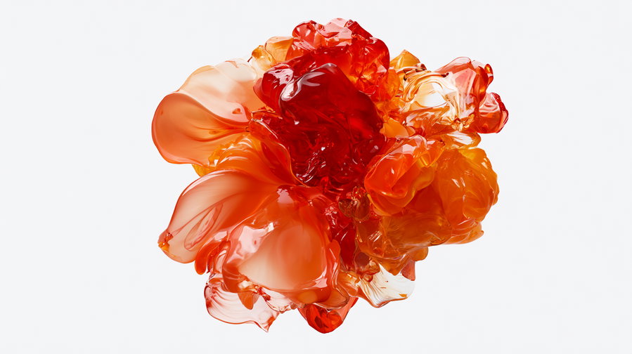 An abstract sculptural cluster of glossy materials in shades of juicy peach, ripe berry red, and luminous orange. The object appears weightless and symmetrical, set against a pure clean white background with no shadows.