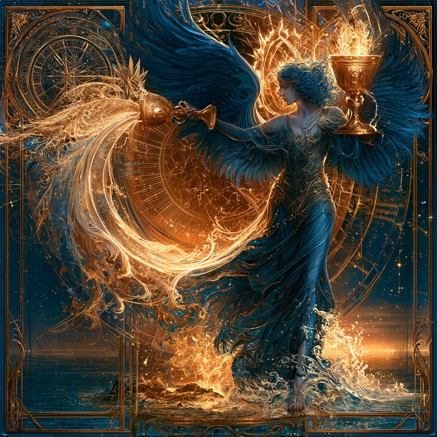 An angel with wings, one foot on land and one in water, pouring liquid from two cups at a magical angle amidst swirling colors and intricate backgrounds.