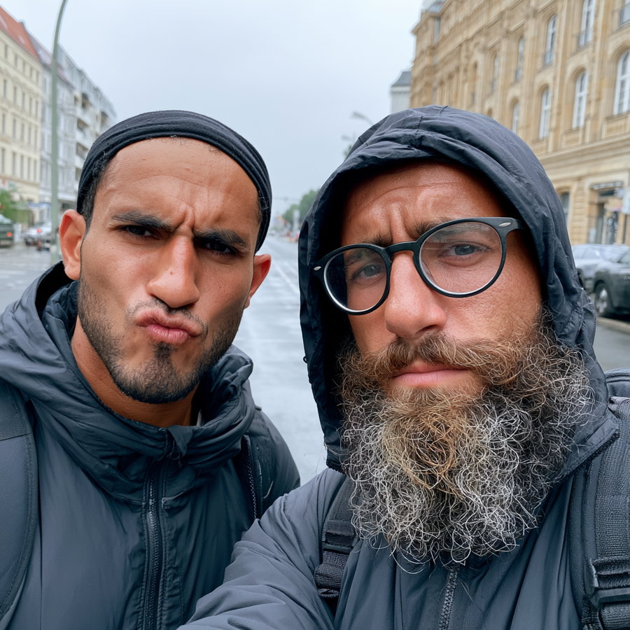 Two men with distinct features standing closely together on a city street in overcast weather, both wearing dark jackets and serious expressions.