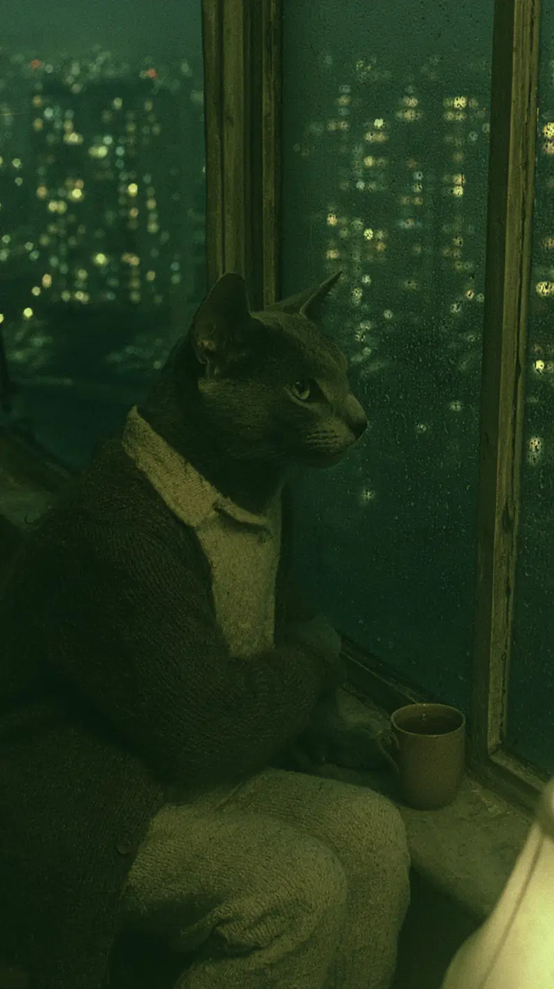 Russian Blue Cat in Cozy Pajamas by the Rainy Window