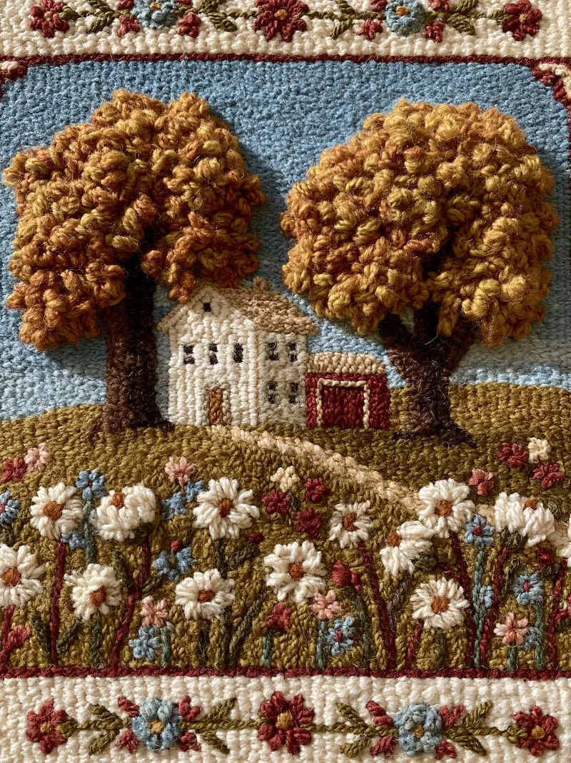 Charming Handcrafted Folk Art Landscape Rug with Farmhouse and Trees