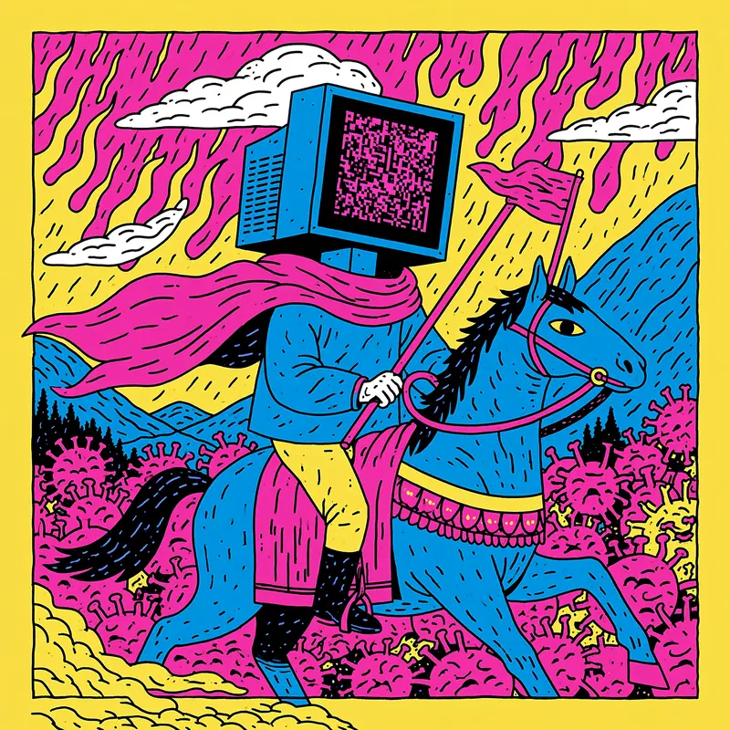 An Apocalyptic Horseman of Pestilence Riding Through a Bright Landscape