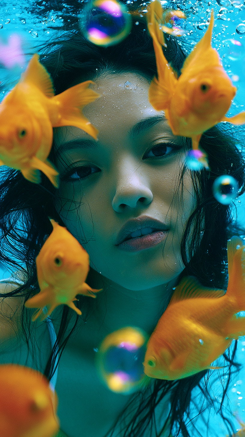 A close-up shot of a young woman with wet dark hair floating in clear blue water, surrounded by bright orange goldfish and iridescent bubbles.