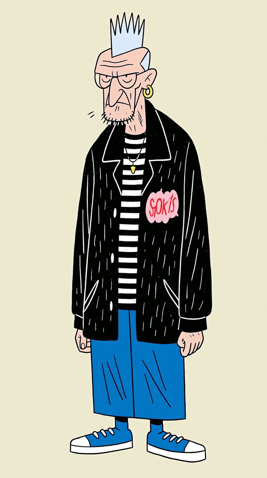 An elderly punk rock golfer with a mohawk, wearing a striped shirt, black jacket, and blue pants.