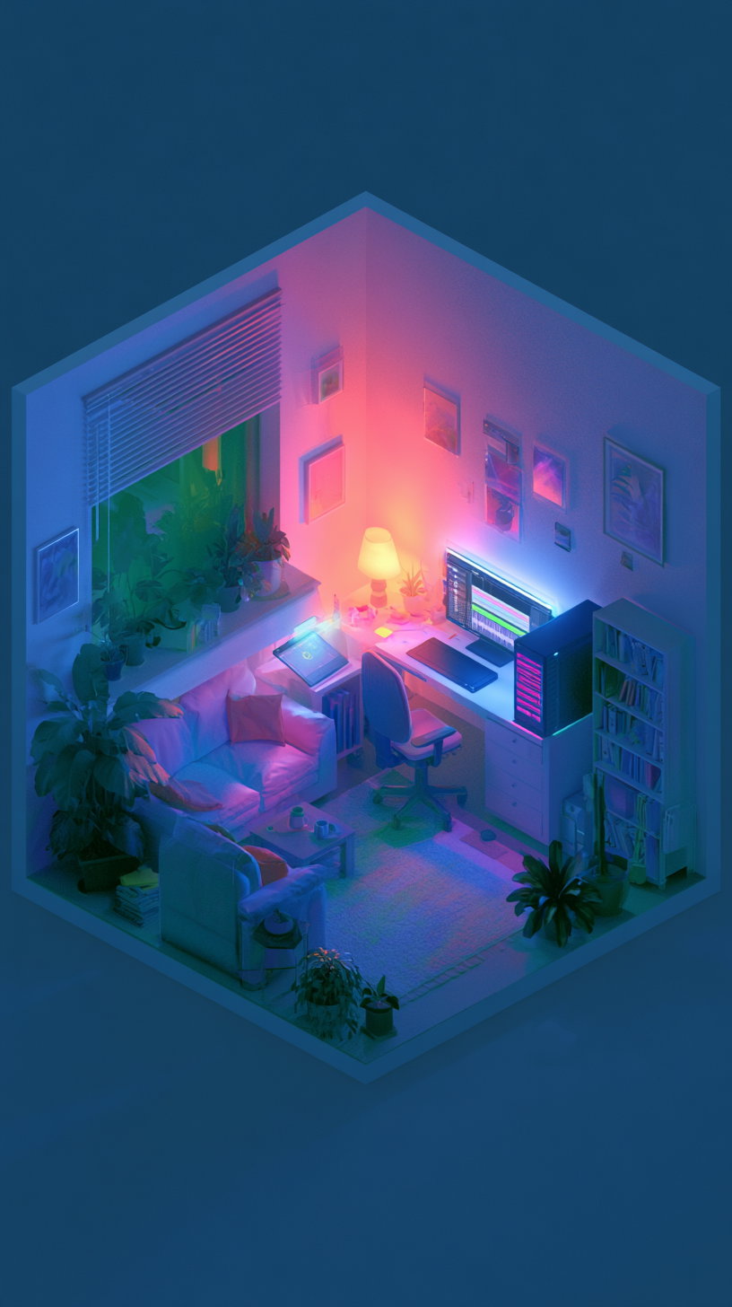 An isometric view of a cozy room featuring a digital artist's setup with a drawing tablet, glowing computer screen displaying a motion graphics timeline, and vibrant lighting effects. The room includes plants, a comfortable chair, and decorative artwork on the walls.