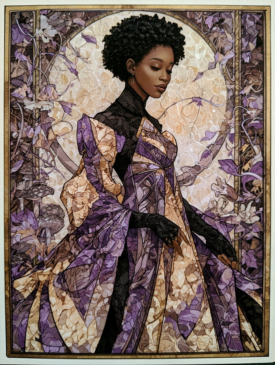 An African American woman with a beautiful afro, dressed in a flowing purple dress adorned with floral designs, surrounded by vines and mushrooms.