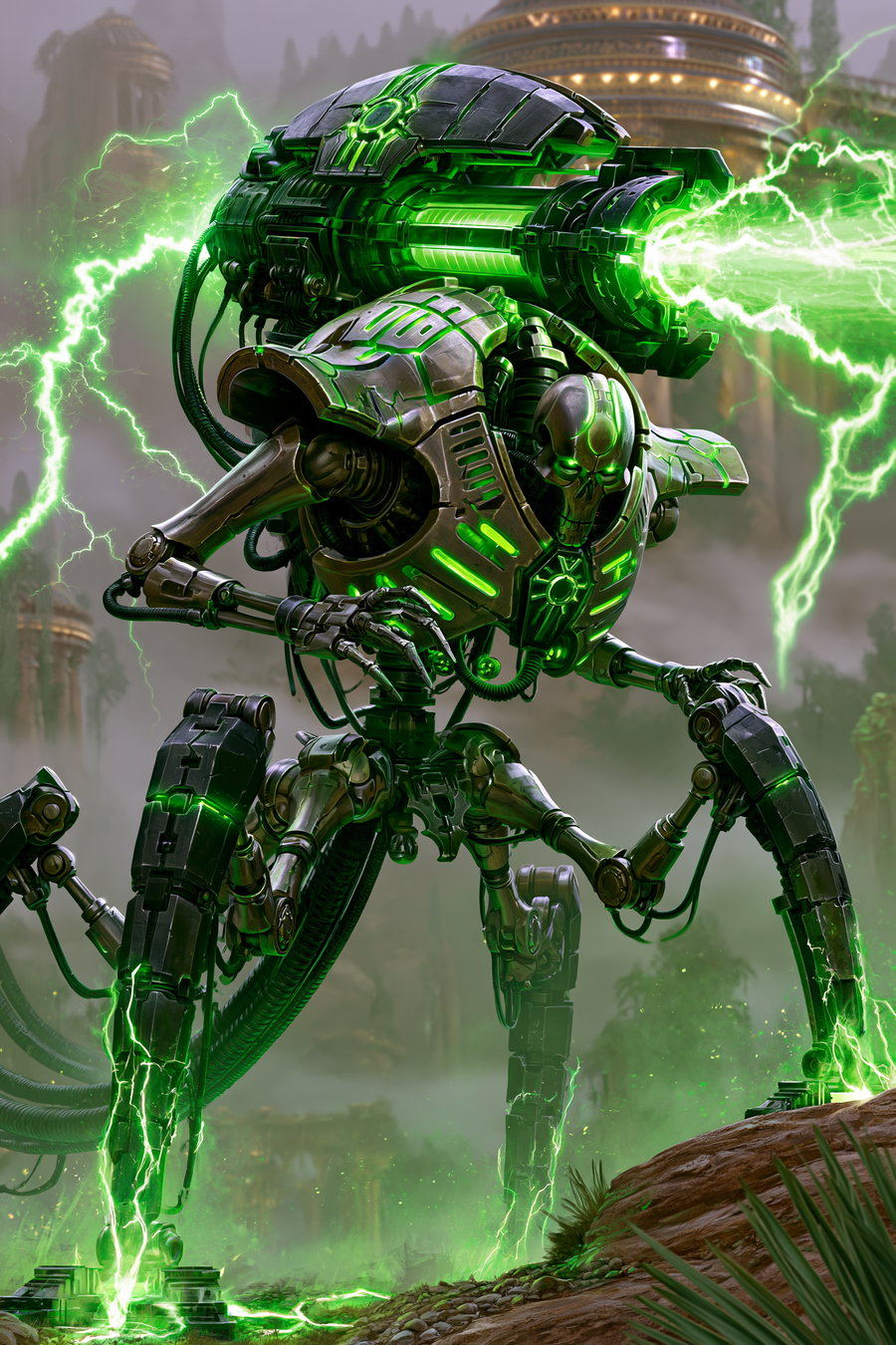 A towering alien war machine with long mechanical legs and a skeletal metallic frame, charging a massive doomsday blaster surrounded by eerie mist and green lightning in a dark futuristic battlefield.