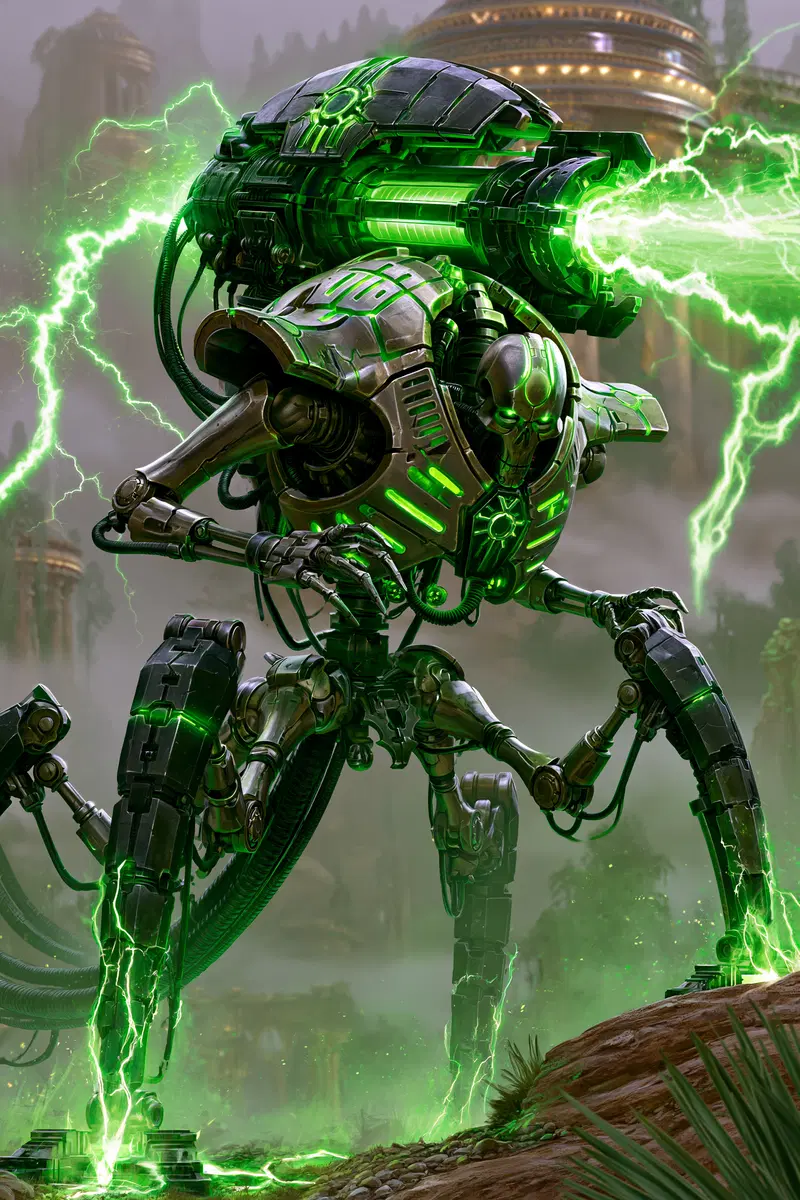 Epic Sci-Fi Illustration of a Necron Canoptek Doomstalker in Battle