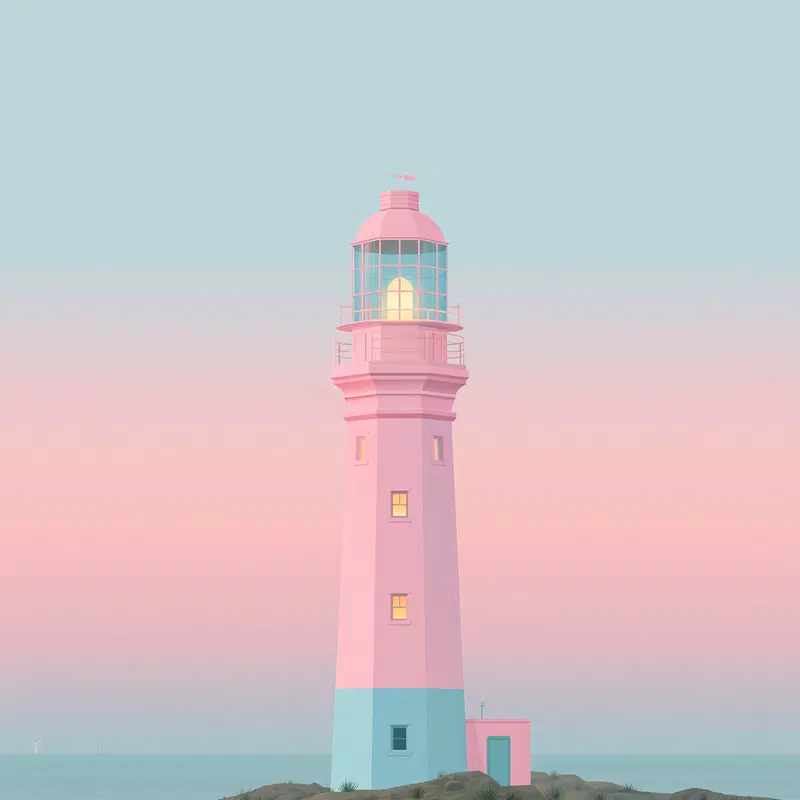 Illustration of a Pastel Colored Lighthouse at Sunset