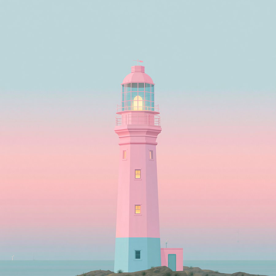 A close-up illustration of a lighthouse, featuring pastel colors, against a sunset background.