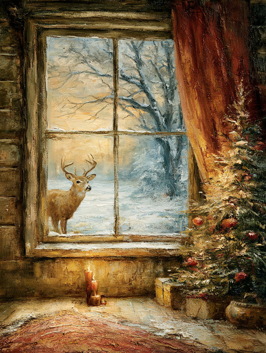 An impressionistic painting of a cabin interior with a Christmas tree and a buck looking through the window at snow-covered trees outside.