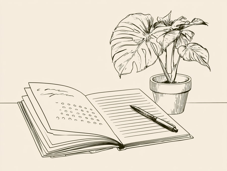An open journal with handwritten notes and a calendar grid, alongside a monstera plant in a terracotta pot.
