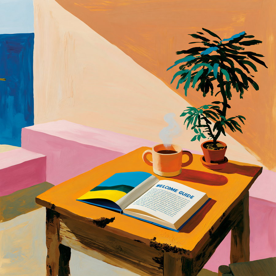 An open welcome guide booklet on a rustic wooden table, next to a steaming ceramic mug and a small potted plant, bathed in soft warm sunlight.