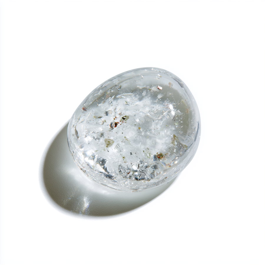 An overhead shot of a transparent white gel drop with visible particles, softly glowing on a white background.