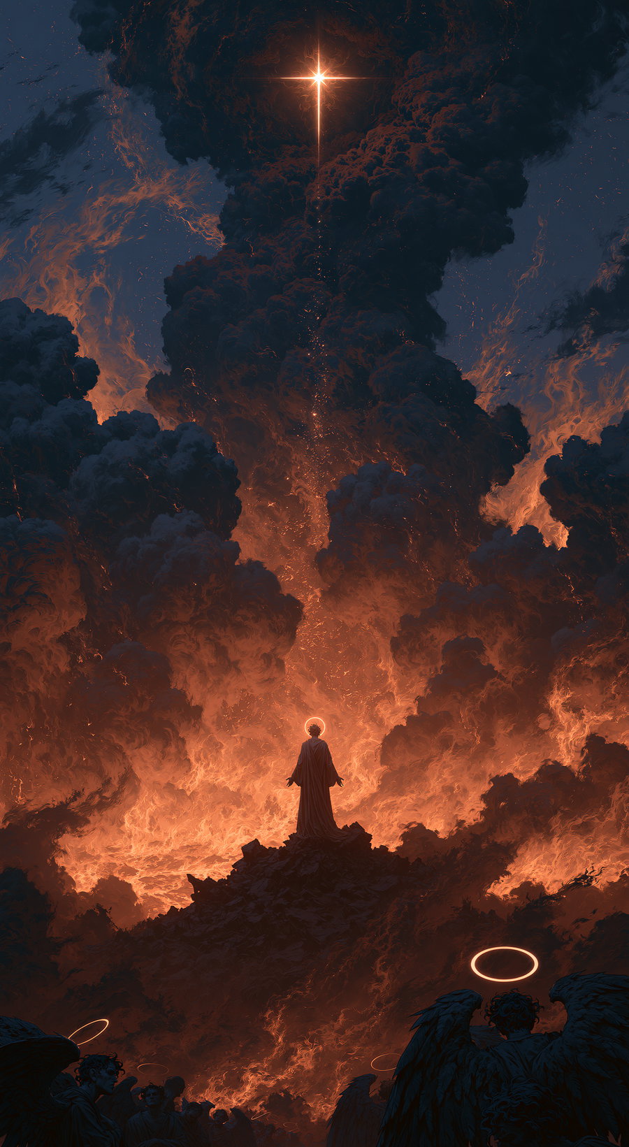 A figure with a halo stands amid swirling dark clouds and fiery smoke, with a bright cross above illuminating the scene.