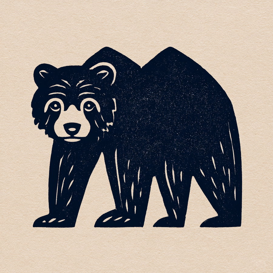 A simplified silhouette of an Andean spectacled bear, featuring thick carved lines and a geometric design against a warm beige background.