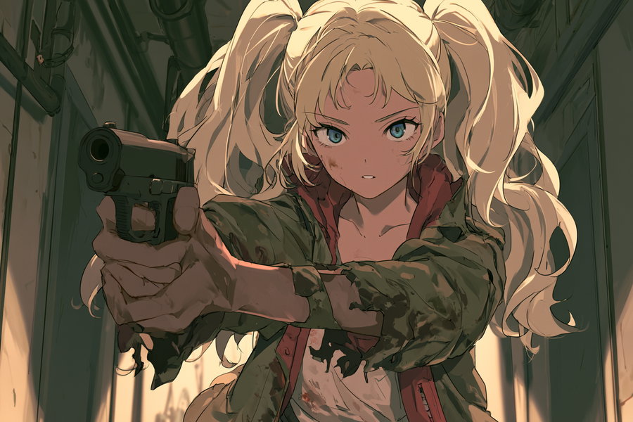 A young girl with long blonde twintails, wearing a scorched and torn field jacket, gripping a small compact sidearm with both hands in a dim industrial corridor.
